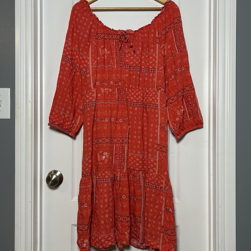 beachlunchlounge Orange Patchwork Floral Paisley Print Long Sleeve Midi Dress